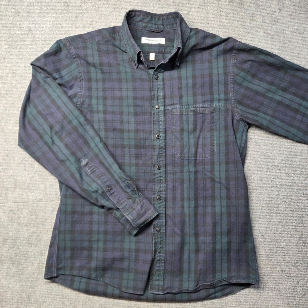 Raleigh Workshop Mens Large Navy Green Plaid Button Down Shirt Made in USA